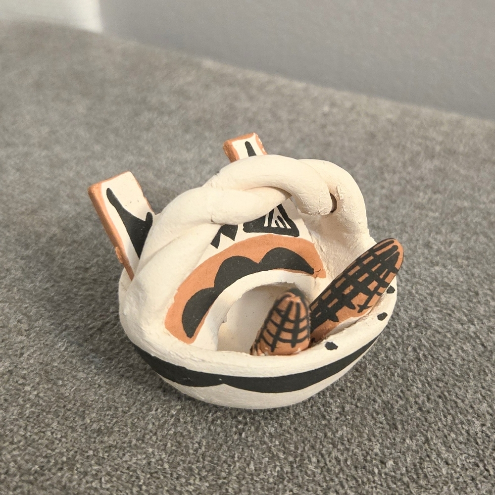 Acoma Pueblo Pottery Miniature Basket Corn Twist Handle Native American Clay